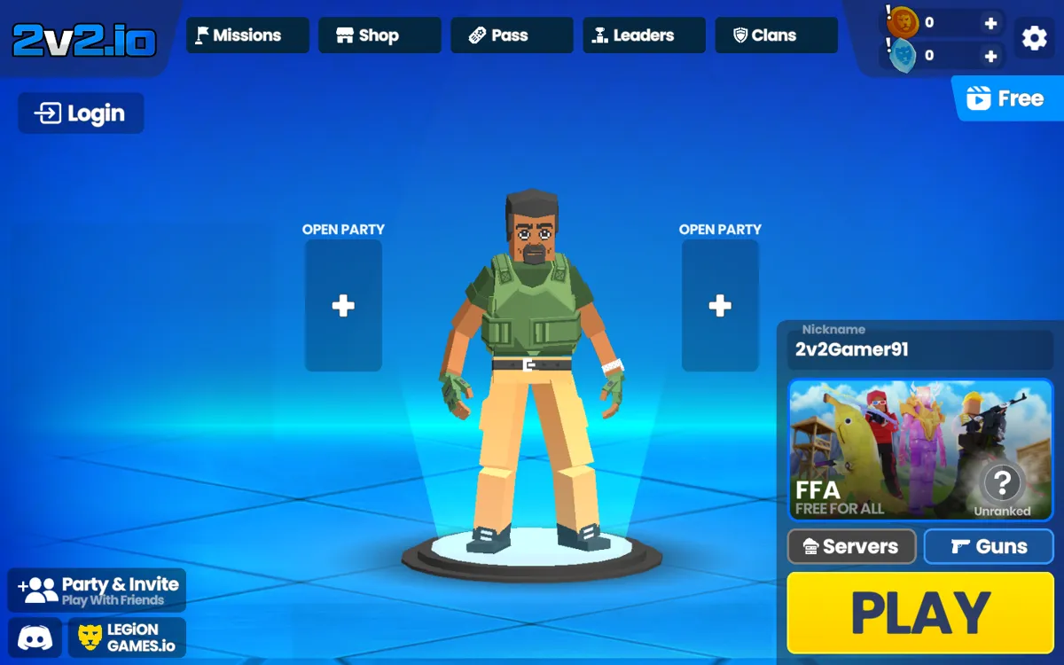 2v2io lobby showing a blocky fighter character, party slots, server options, gun menu, and a large Play button